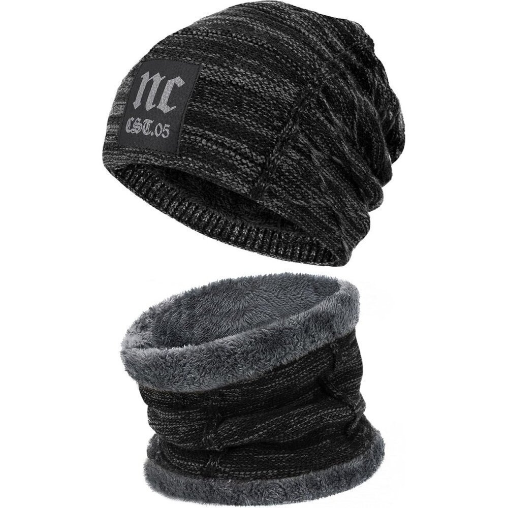 🆕 Men Black Fleece Lined Winter Cap Beanie Scarf Set Knit Neck Warmer Nice Hat